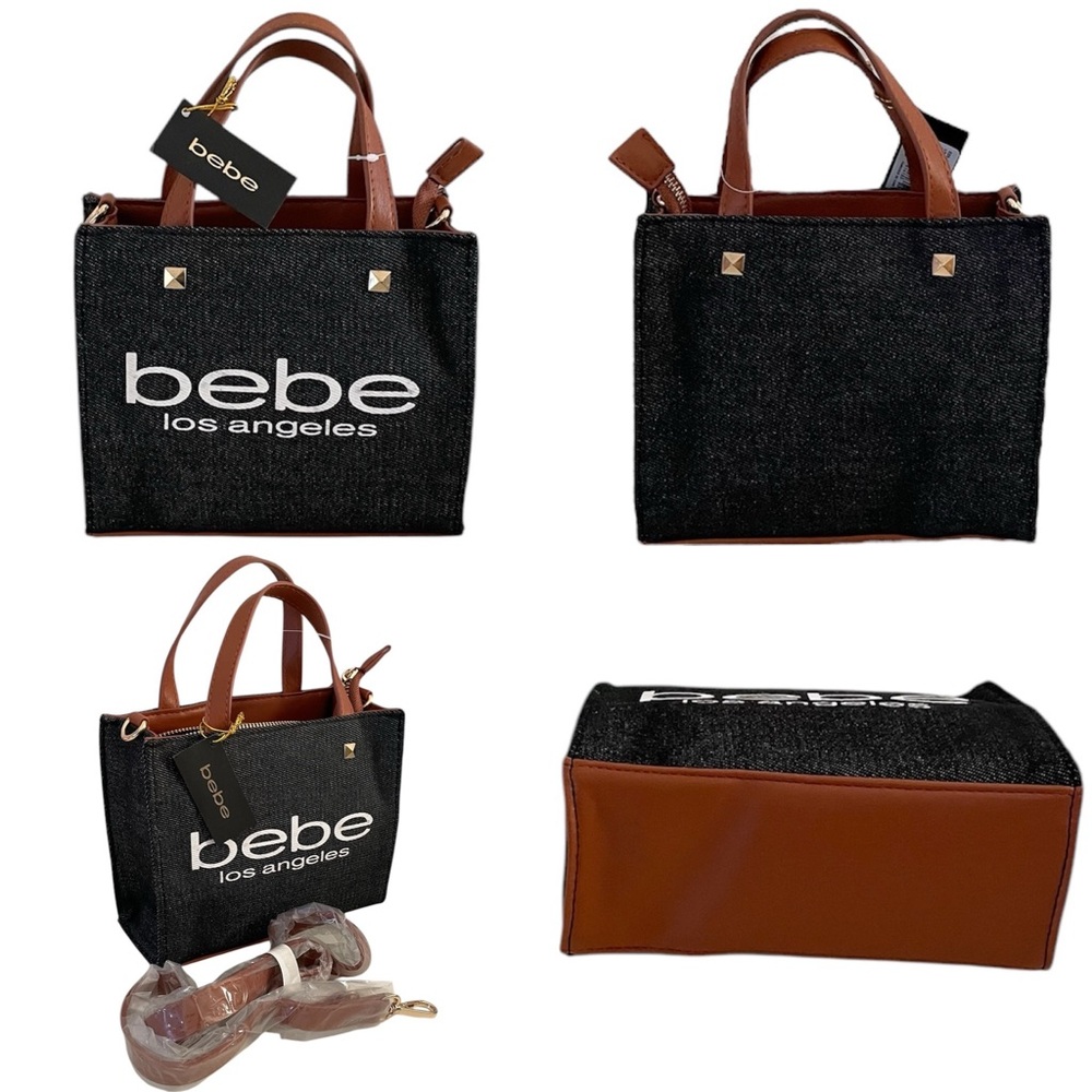 Bebe Rian Dark Denim Top Handle Mini Crossbody Blue and Brown Women's Bag